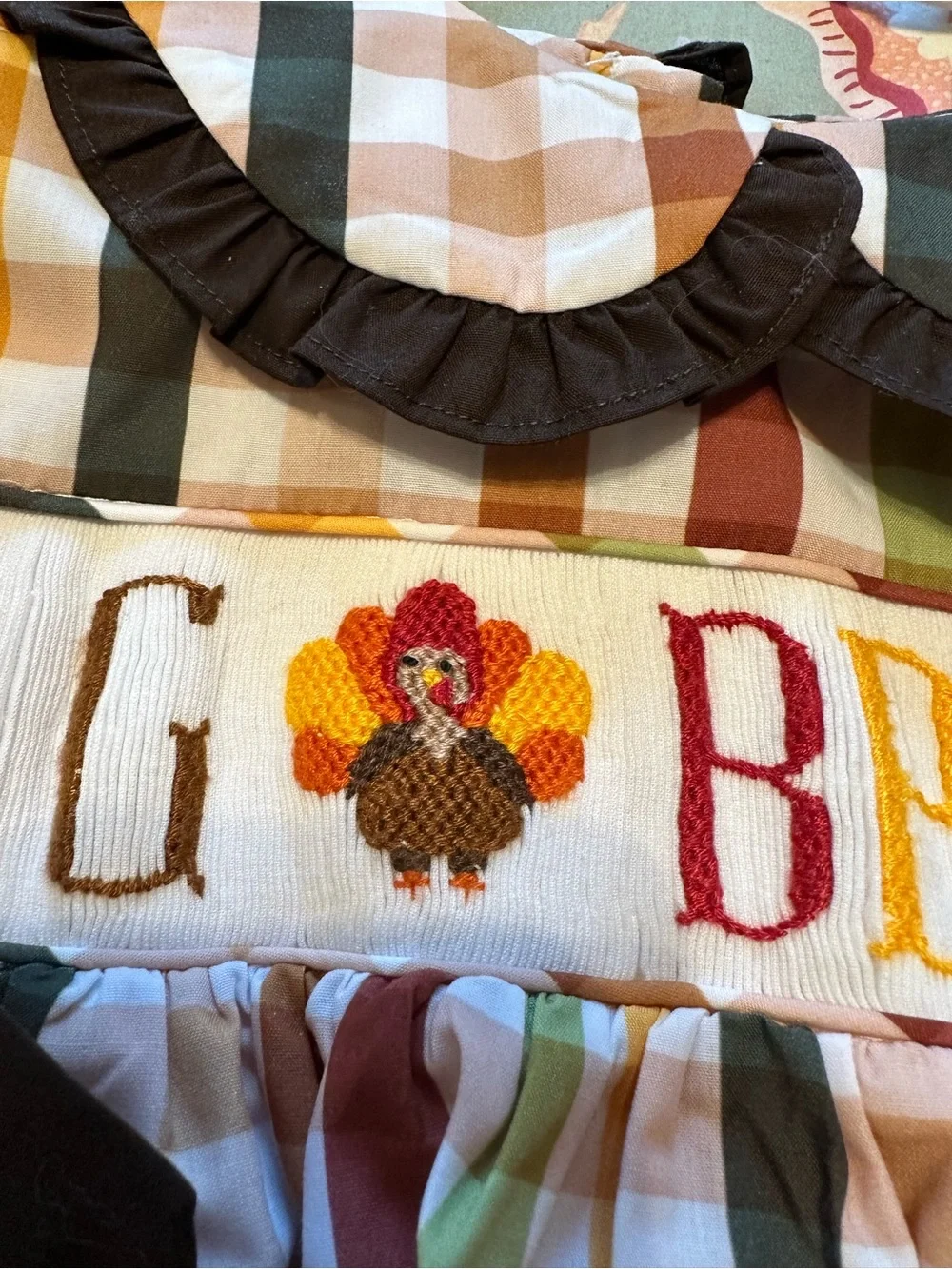 Girls 4TFall Plaid Smocked Gobble Dress w/ Turkey Embroidery - Brown & Multi